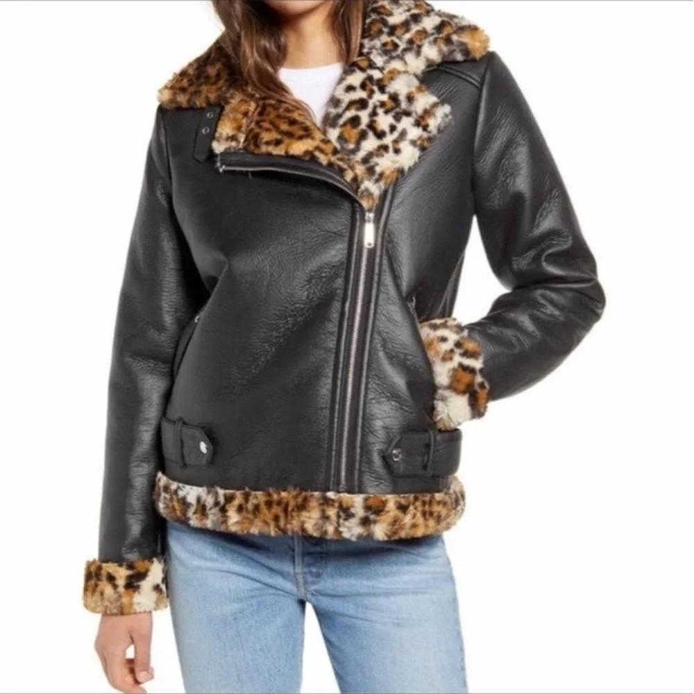 Sam Edelman Black Faux Leather Jacket with Leopard Trim